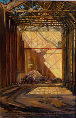 Plein air oil painting of the interior of the Cooperage in the CSR Refinery Pyrmont painted by industrial heritage artist Jane Bennett