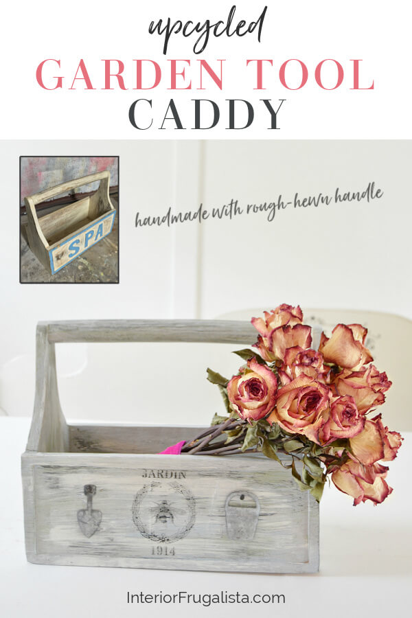 A handmade wooden garden caddy with hand-hewn handle upcycled from bathroom spa caddy to lovely French Country garden caddy. #farmhousestyle #diywoodcaddy