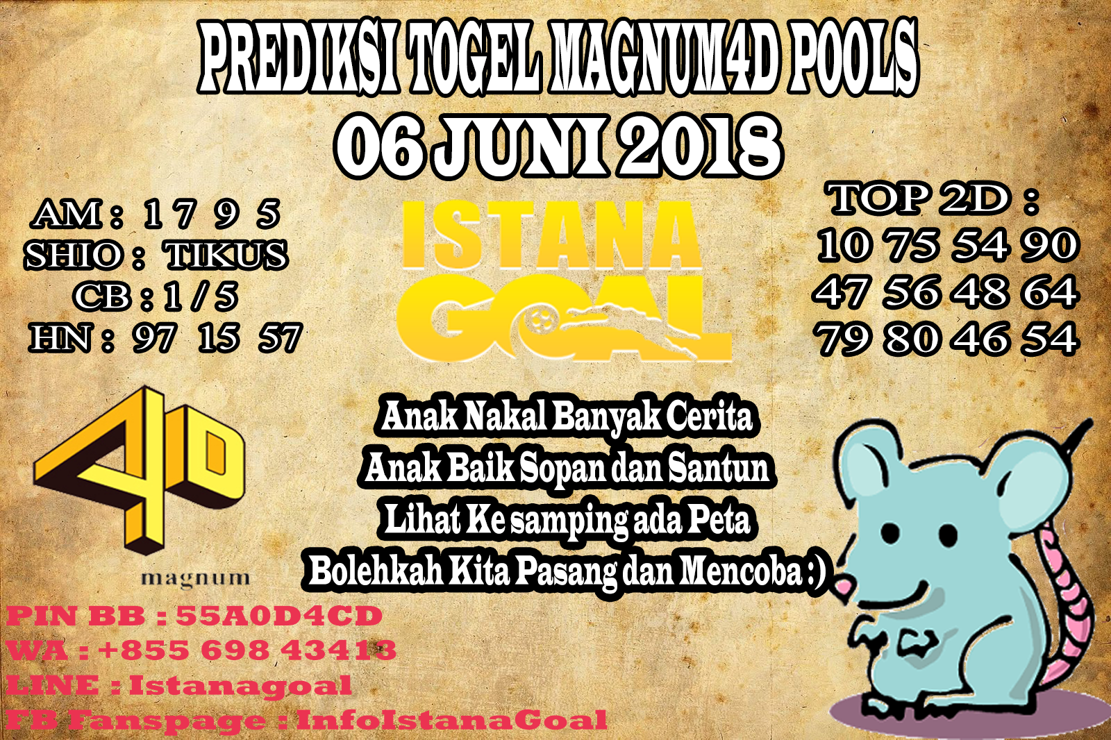 PREDIKSI TOGEL MAGNUM4D POOLS 06 JUNI 2018 AGEN RESMI ISTANAGOAL