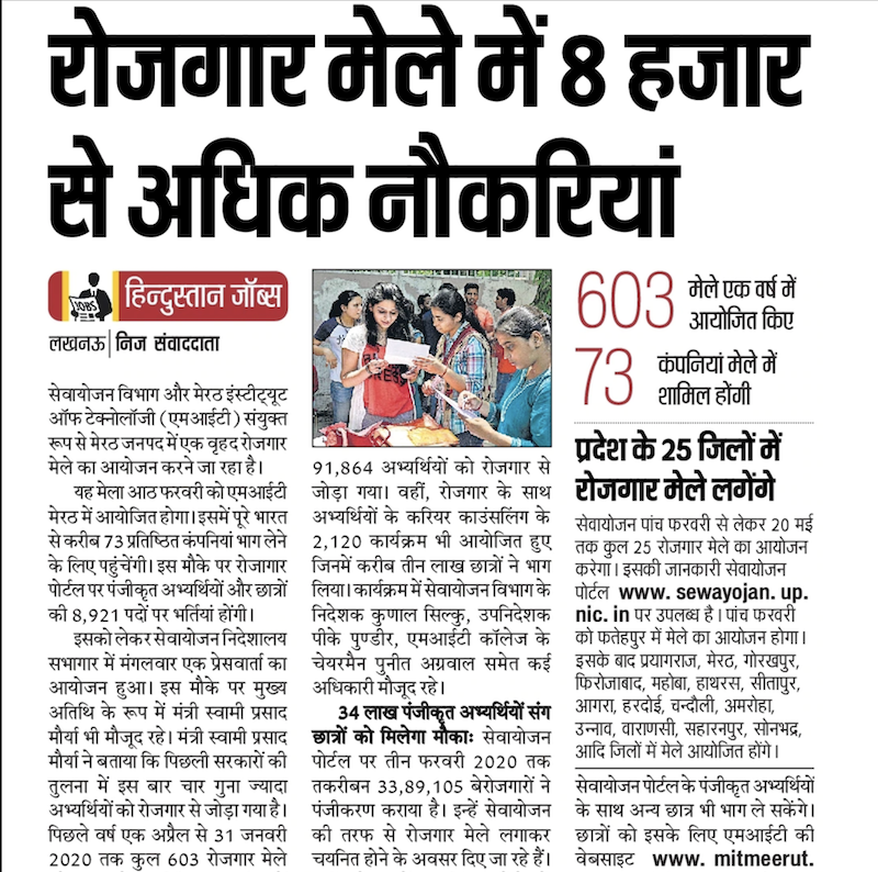 MIT Meerut Job Fair Online Registration 2020, 3000 posts, Rojgar Mela