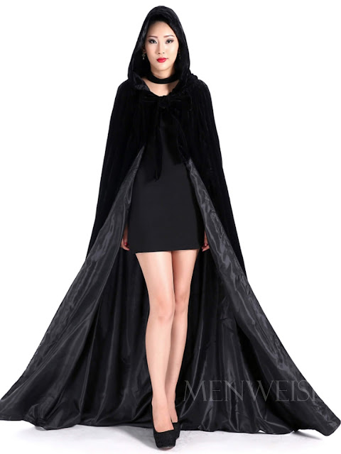 Women Long Black Velvet Cloak with Hood