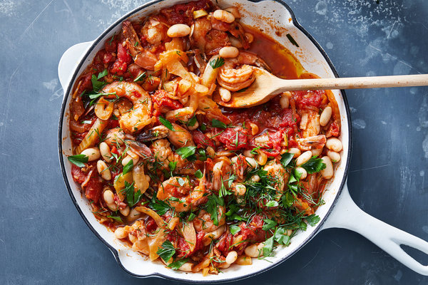 Garlic Shrimp with Roasted Cauliflower, White Beans, and Tomatoes Recipe Shrimp roasted recipes | roasted shrimp