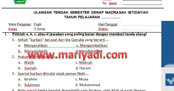 Kumpulan Soal Uts Fiqih Kelas 1 2 3 4 5 6 Mi Semester 2 Kurikulum 2013 Mariyadi Com