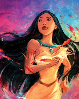 Pocahontas sketch illustration with the colors of the wind in the background