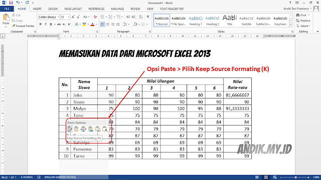 memasukan tabel excel ke word, tutorial, microsoft office, microsoft word, microsoft excel, 