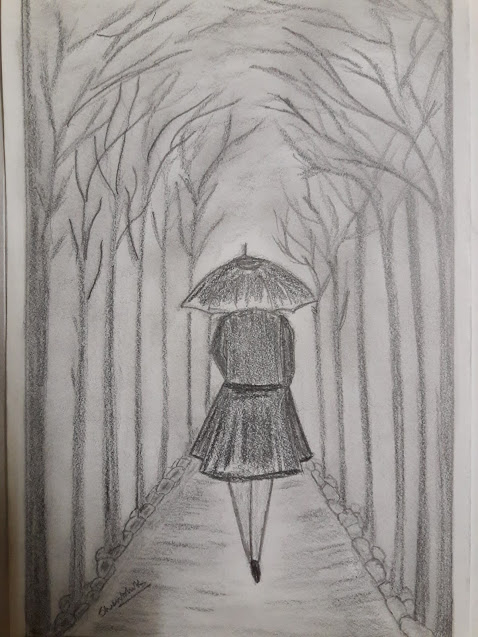 Pencil Sketch of a woman walking through avenue