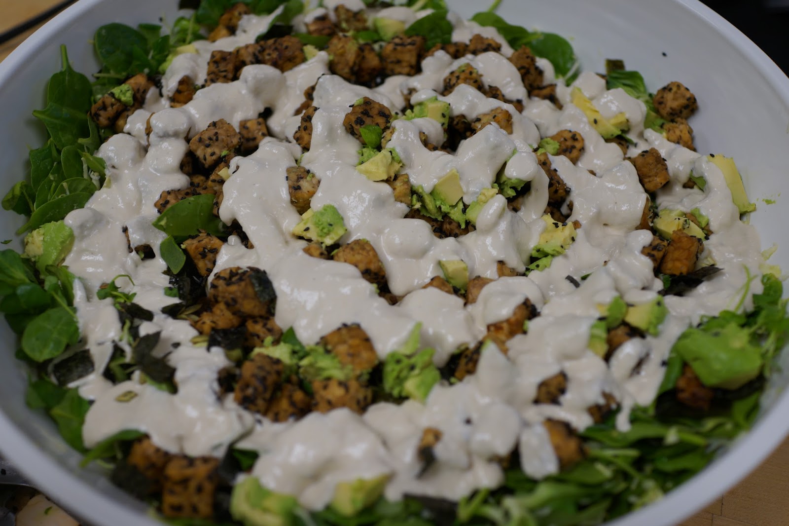 Smoked Tempeh with Peas shoot Salad & Horseradish Cream