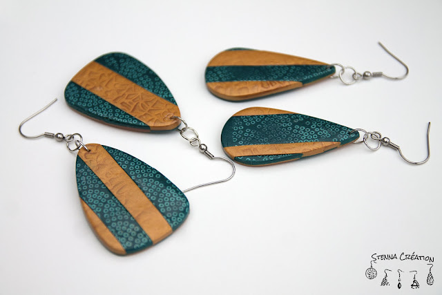 Boucles oreilles pâte polymère Silk screen turquoise Mica Shift Or Stenna Création