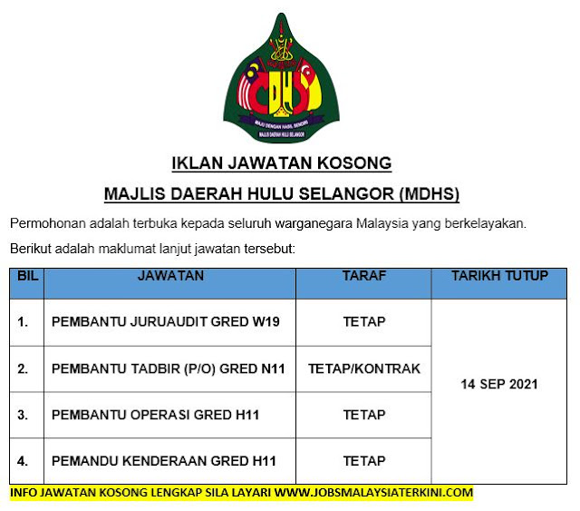 Jawatan Kosong Terkini 2021 Majlis Daerah Hulu Selangor Mdhs Jobs Malaysia Terkini