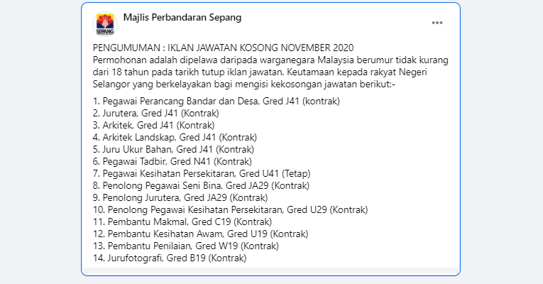Permohonan Jawatan Kosong Majlis Perbandaran Sepang Mpsepang Portal Kerja Kosong Graduan