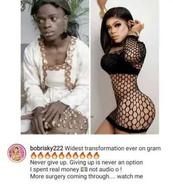 Bobrisky says, share before & now photoa of himself, saying More surgery coming