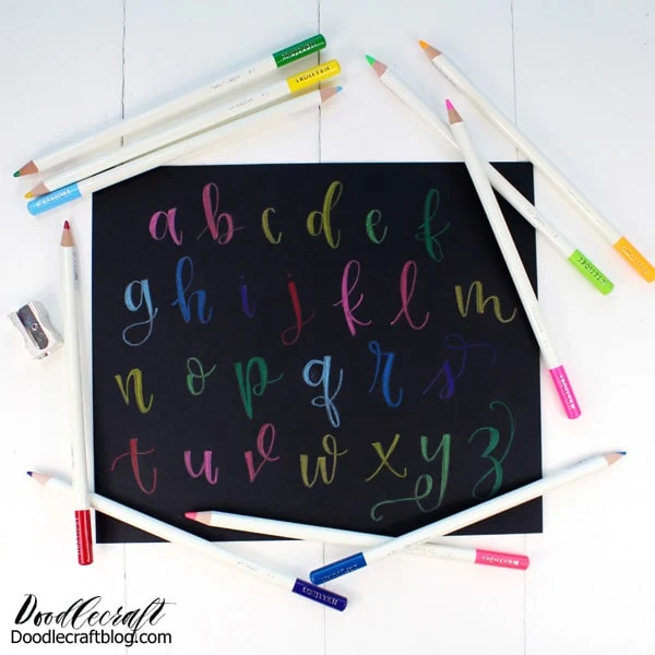 Bright rainbow colored hand lettering or bounce lettering of the entire lower case alphabet.