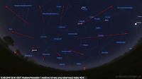 Radiant Perseidów i możliwe ich tory przy skierowaniu obserwatora ku północno-wschodniej i wschodniej stronie nieba (12.08.2019, godz. 22:00 CEST).