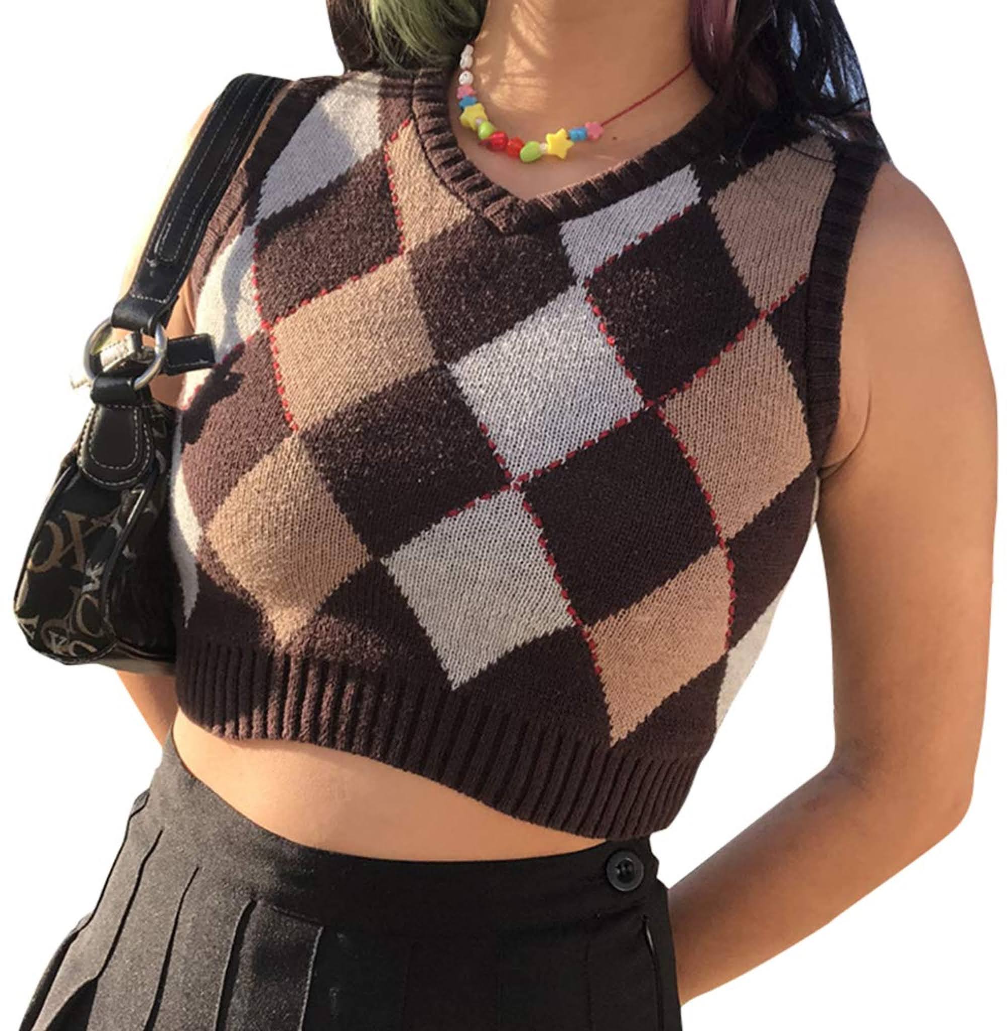 Sweater Vest Plaid Girls V Neck Crop Knitwear Tank Top