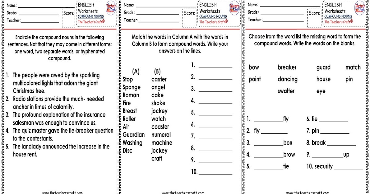 ENGLISH 6 WORKSHEETS COMPOUND NOUNS The Teacher s Craft