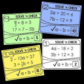 solving 2-step equations solve 'n check math task card activity