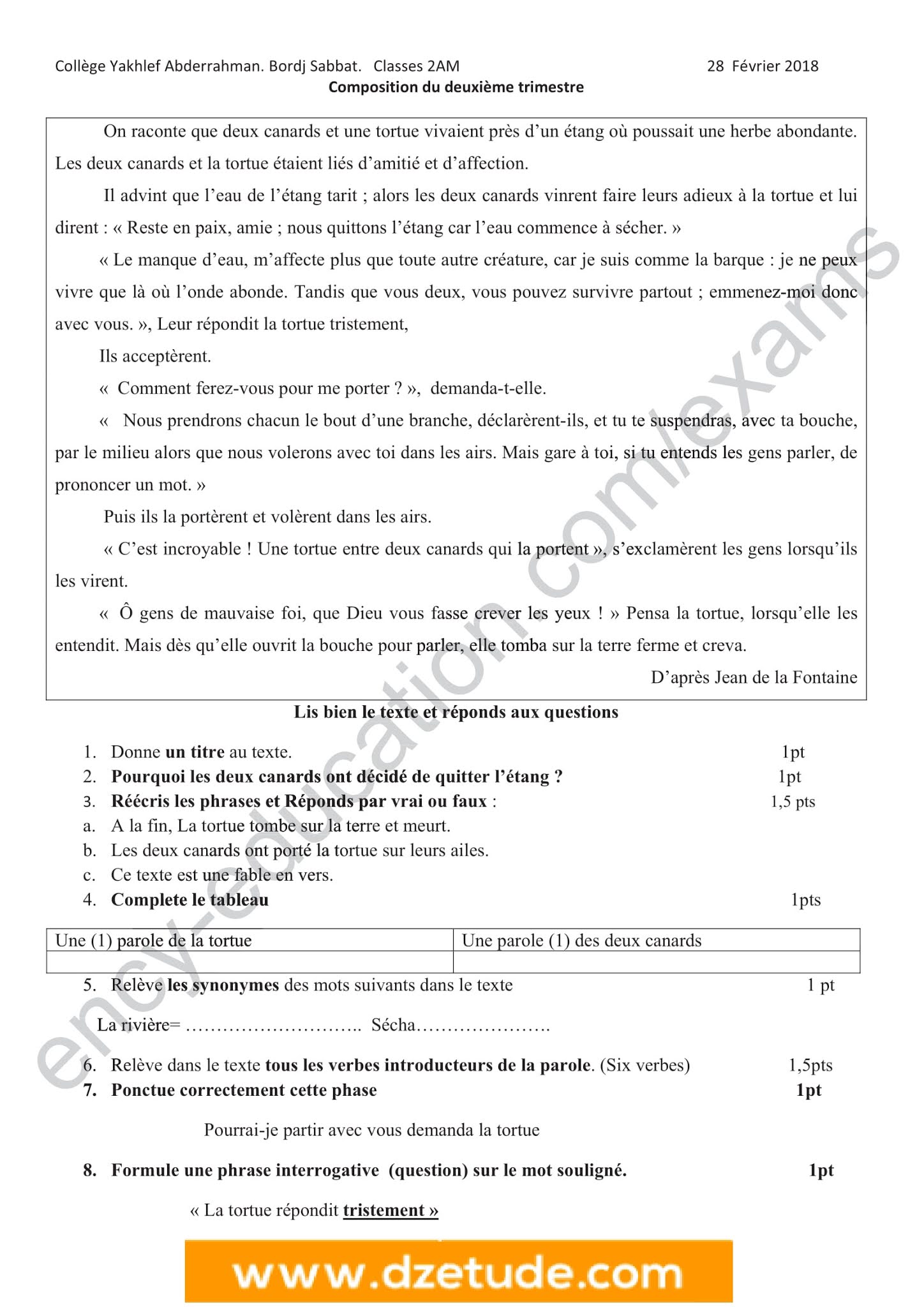 إختبار اللغة الفرنسية الفصل الثاني للسنة الثانية متوسط - الجيل الثاني نموذج 9