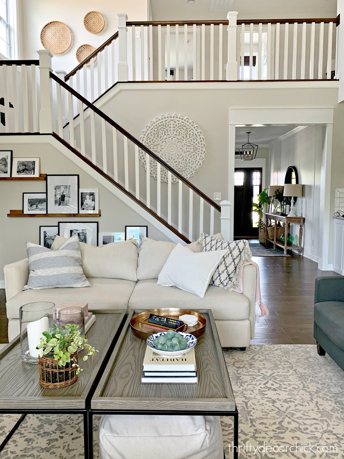 Open staircase with white spindles stained rails