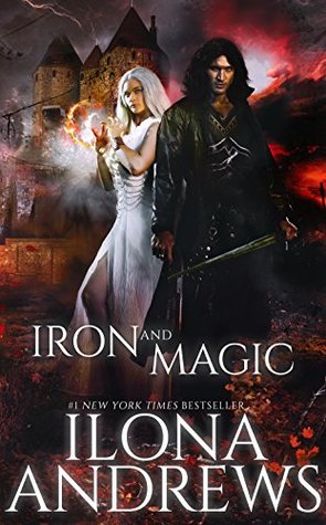 Cover of Iron &amp; magic by Ilona Andrews. Features man and a woman next to each other. The woman is all in white with white hair with the man contrasting all in black with black hair