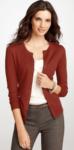 outfit post: burgundy cardigan, white tie blouse, brown 'editor' pants ...