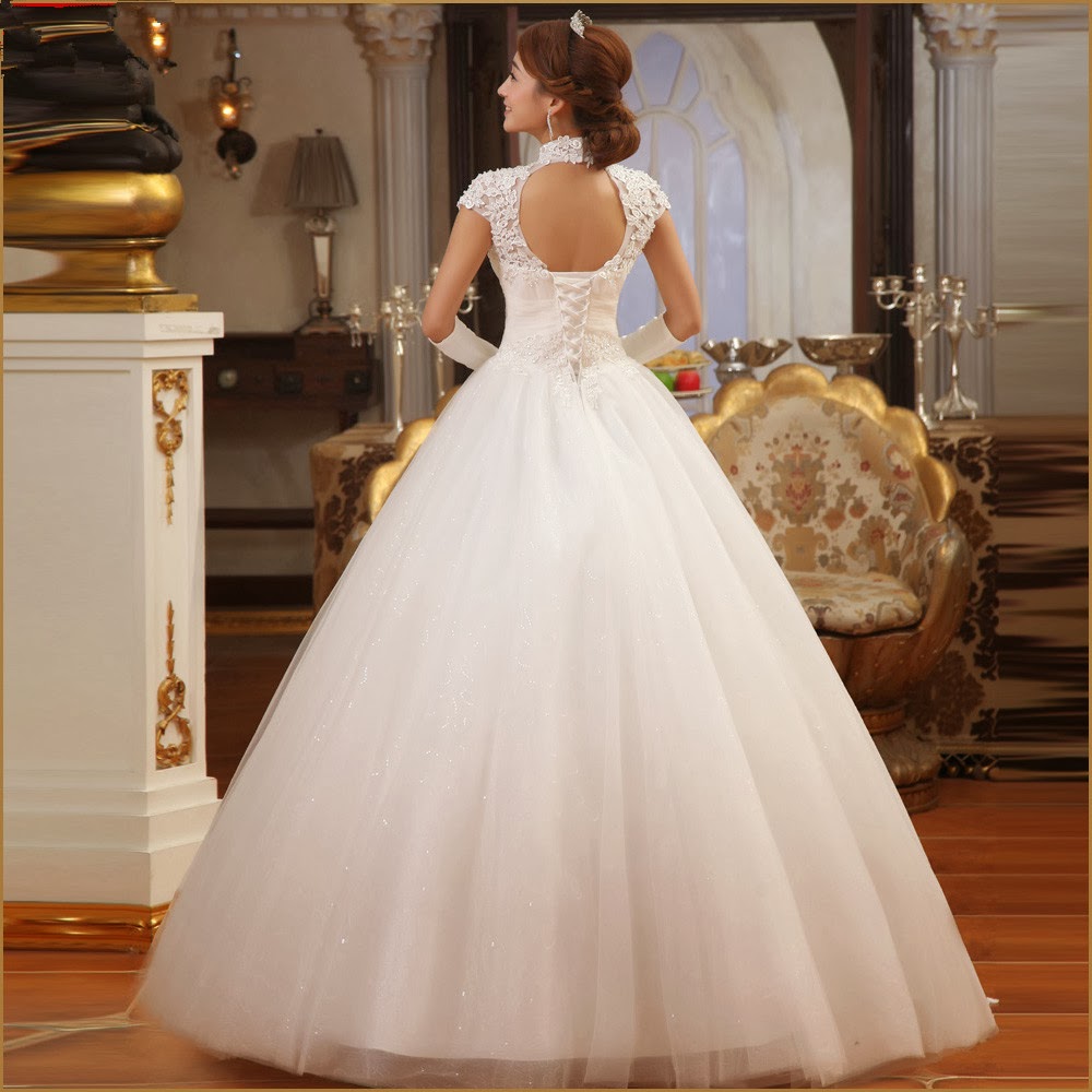 Short Sleeve Lace Appliques High Neck Ball Gown Wedding Dress :: My ...