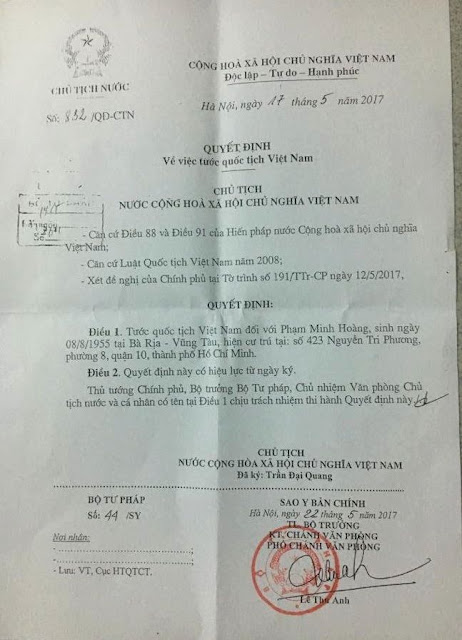 VNTB- Có thể khởi kiện hành chính về quyết định tước quốc tịch Việt Nam của một công dân Việt Nam