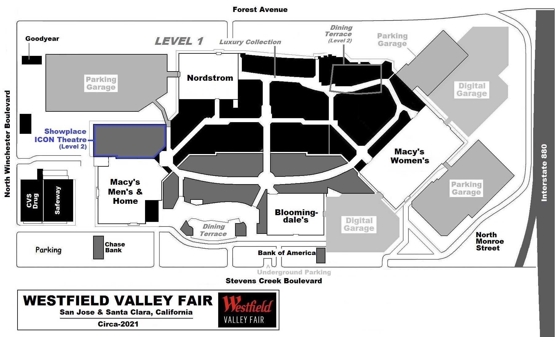 Maps of Westfield Valley Fair, Mall, Santa Clara
