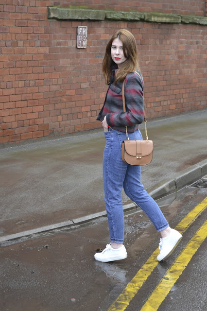 plaid Harrington style jacket from Topshop. Vintage Levis 501 style Mom jeans from Topshop Acne studios white trainers. Tan Primark bag Chloe style