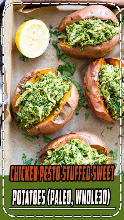 These chicken pesto stuffed sweet potatoes are seriously tasty, filling and easy to make! A paleo and Whole30 compliant pesto is mixed with shredded chicken and tops perfectly baked sweet potatoes