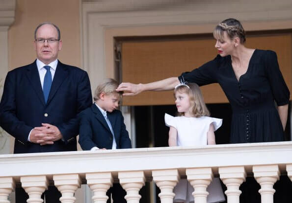 Hereditary Prince Jacques and Princess Gabriella. Princess Charlene wore a new Brunello Cucinelli v-neck midi dress. Louis Vuitton dress