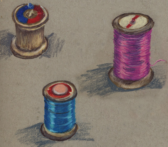 Colored pencil drawing -- wooden spools