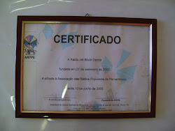 Certificado da Arppe ass. das Radio Populares de Pernambuco Jet Black Oásis do Nordeste desde 2000