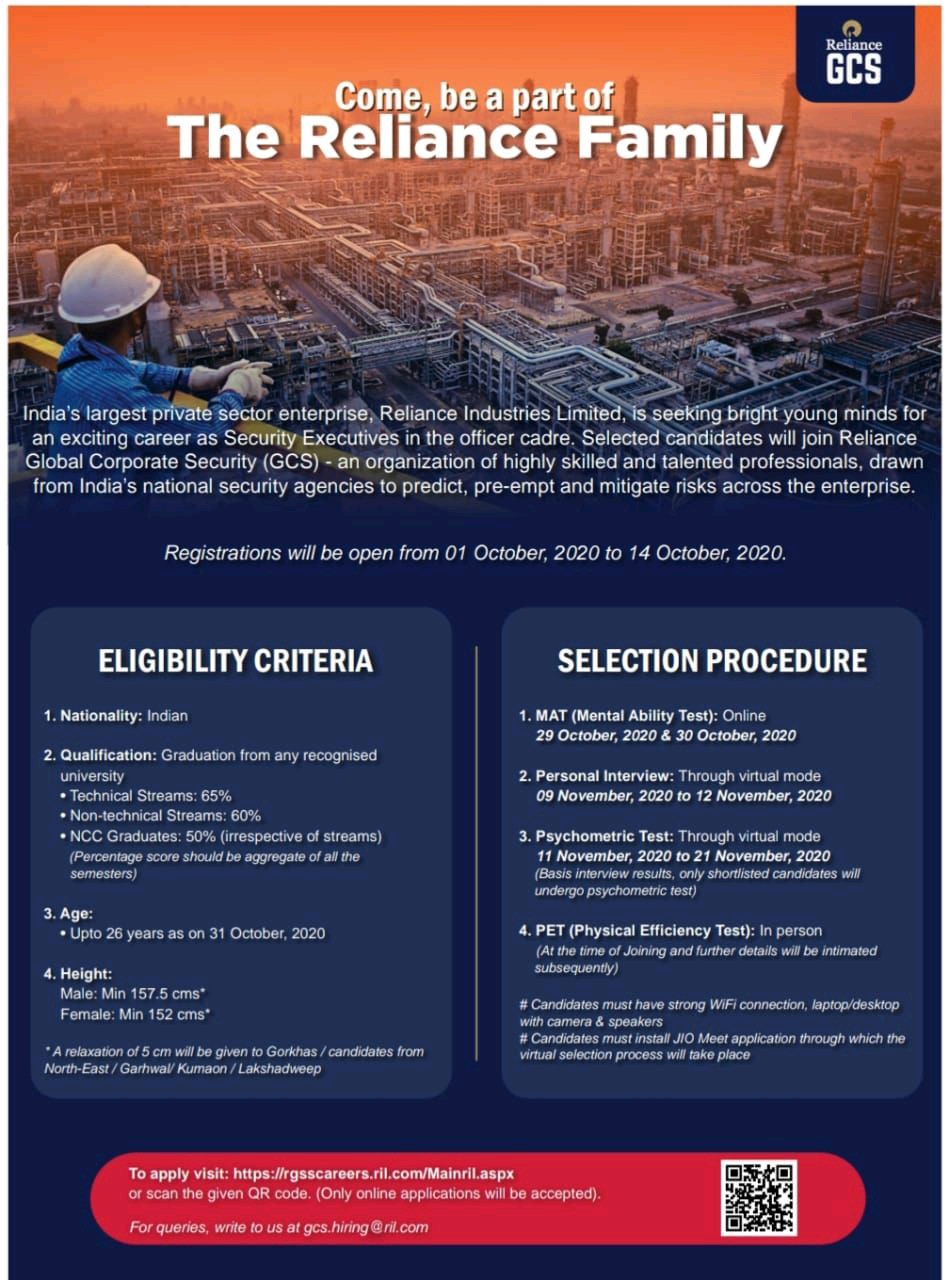 Reliance Industries GCS Jobs For Graduation in B.E. B.Tech B.Sc Check Now Last Date 14th October 2020