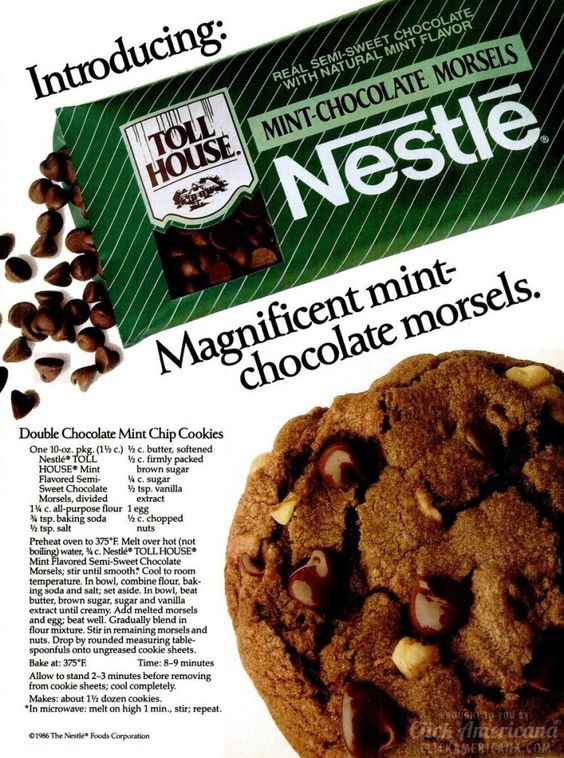 Dying for Chocolate TOLL HOUSE CHOCOLATE MINT COOKIESRetro Ad & Recipe