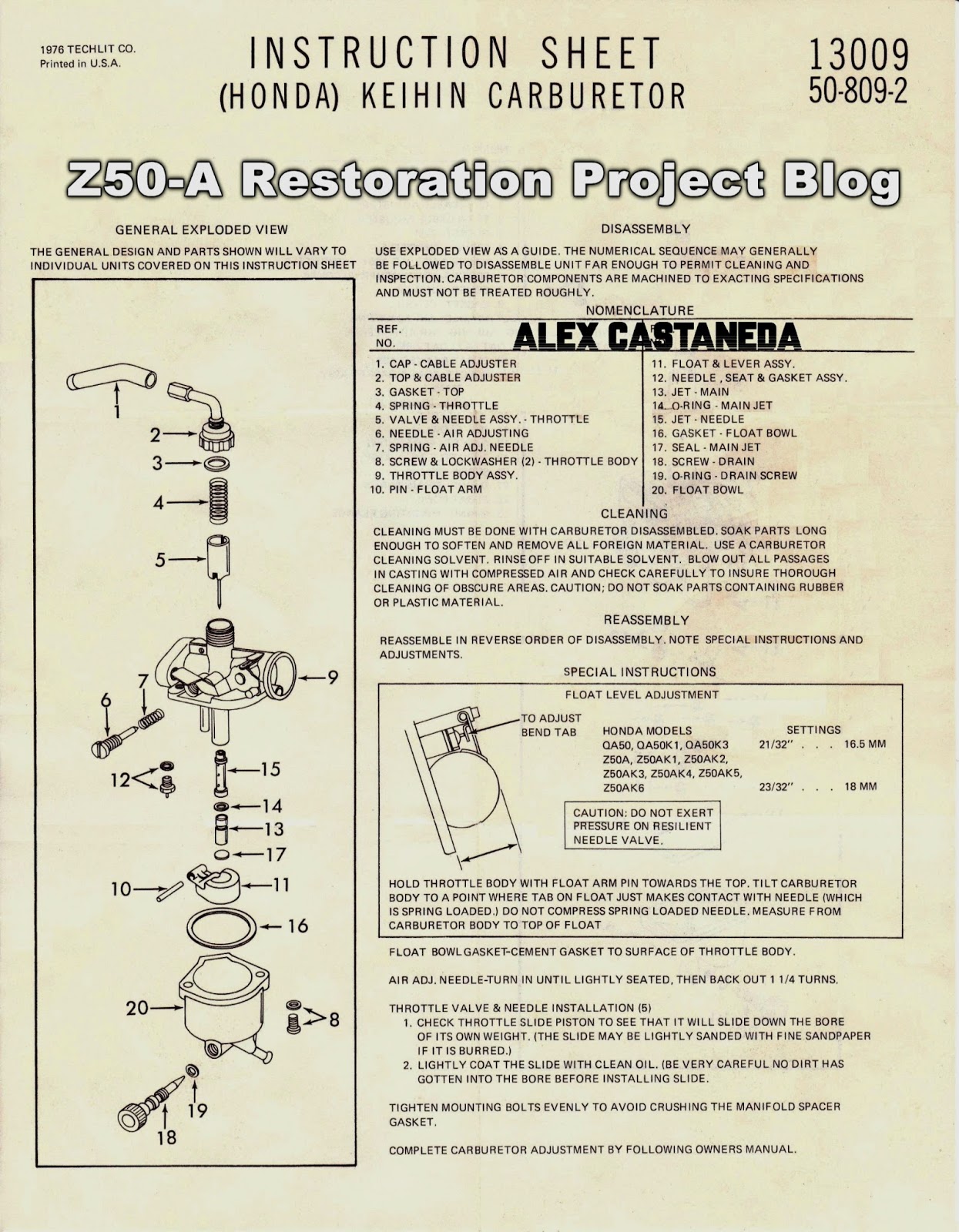 Vintage Honda Keihin Carburetor Instruction Sheet Repair Kit Honda Trail 70 Honda Qa50 Wiring Diagram