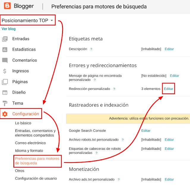 Crear redirecciones en Blogger En esta sección puedes crear redirecciones en blogger hacia otras páginas de tu sitio