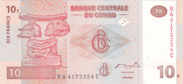 Congo Democratic Republic Currency 10 Congolese francs banknote 2003 Chief Luba wood carving