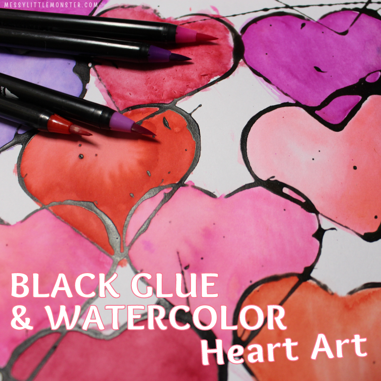 Black Glue and Watercolor Heart Art Project Messy Little Monster