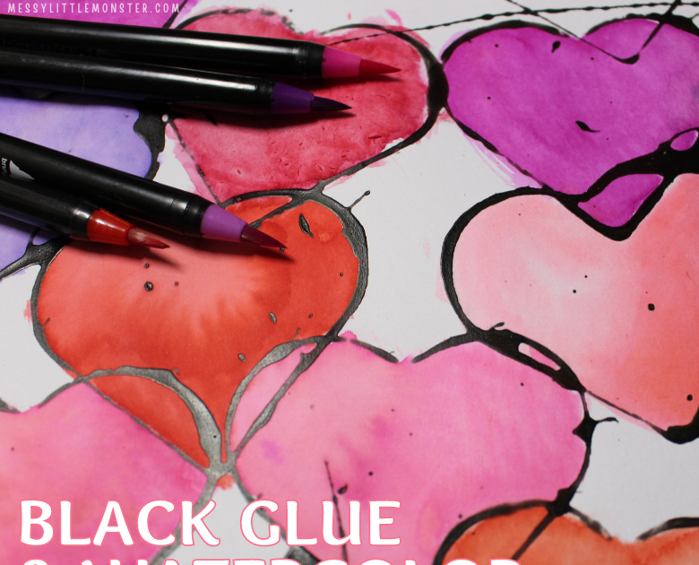 Black Glue and Watercolor Heart Art Project Messy Little Monster