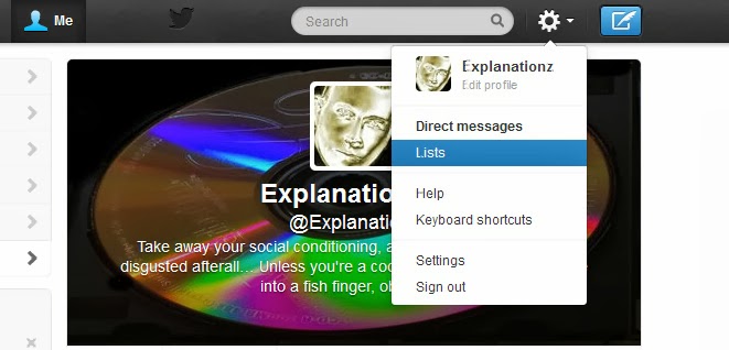 Twitter profile showing Lists selection