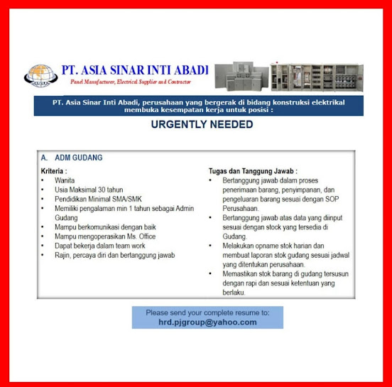 Lowongan Kerja Medan Agustus 2020 Pt Asia Sinar Inti Abadi