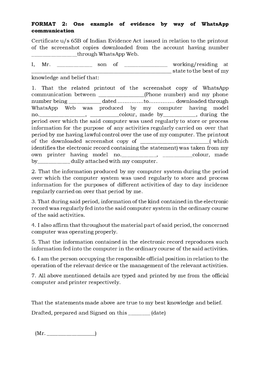 65B Certificate Format Certificate u/s 65B Indian evidence act