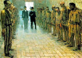 Telemaco Signorini's painting of a visit to the prison at  Portoferraio on Elba. Crocco is on the end of the right-hand row