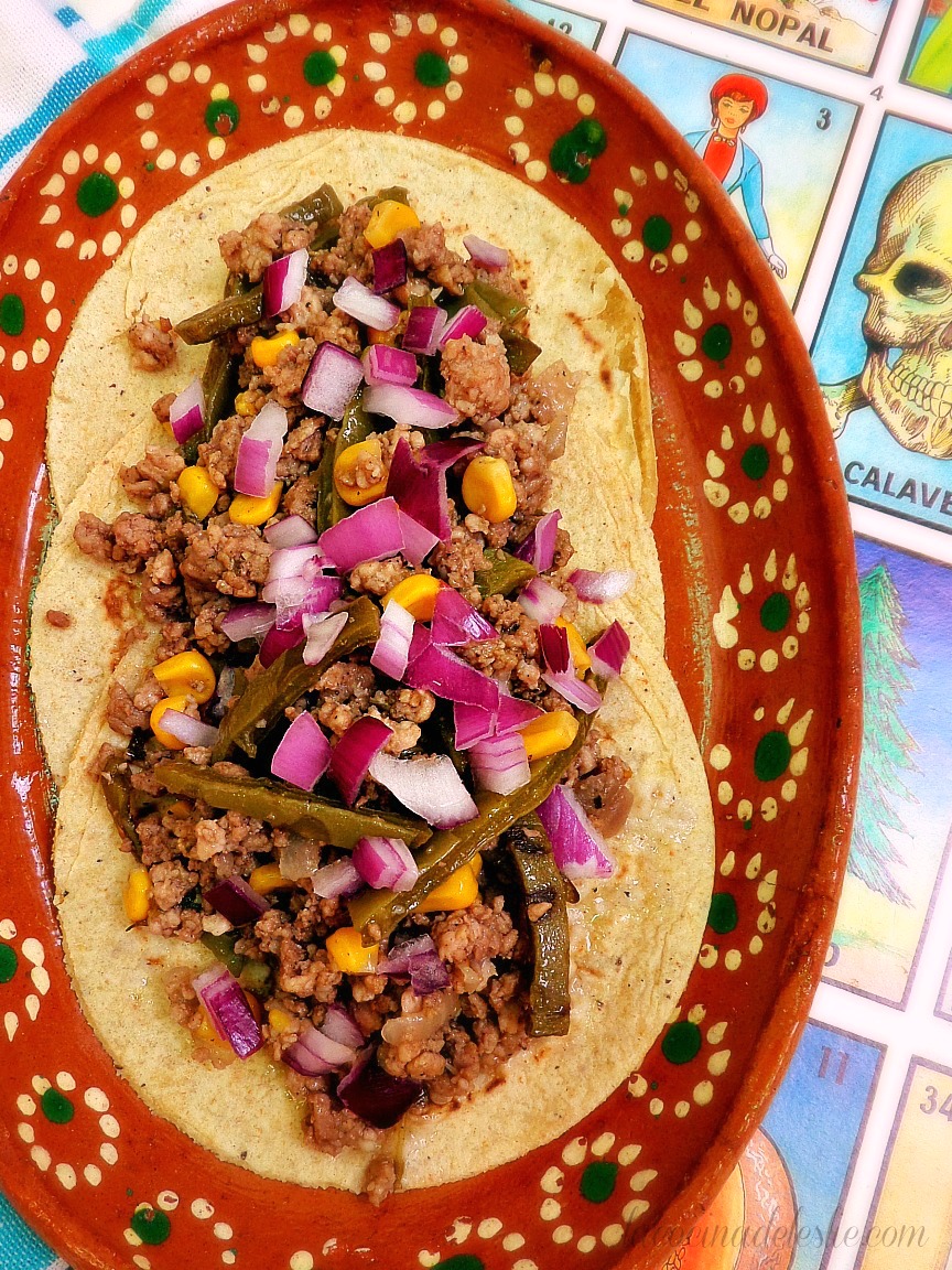 Salsa Verde Ground Beef Tacos w/ Corn and Nopales La Cocina de Leslie