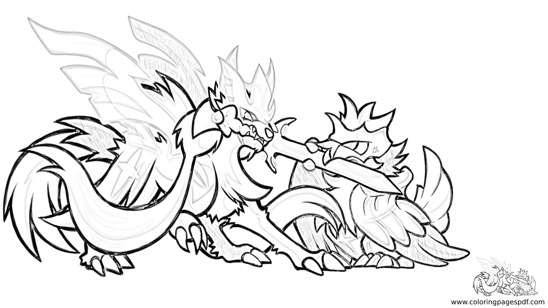 Coloring Page Of Zacian Fighting A Monster