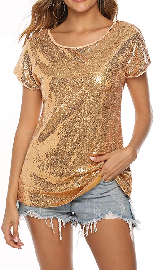 YAWOVE Women's Sparkle Sequin Top Short Sleeve Shimmer Glitter Party