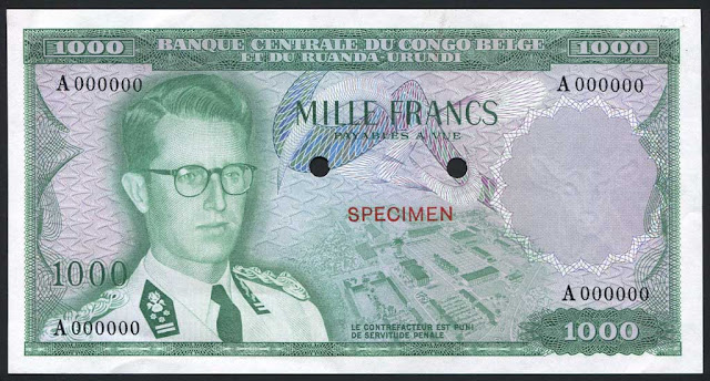 Belgian Congo Banknotes notes 1000 Francs King Baudouin I