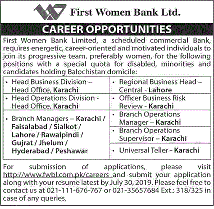 First Women Bank Limited Jobs July 2019  Vacancies 300  FWBL Online Apply