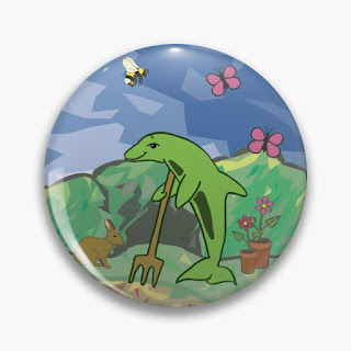 Gardening Dolphin with rabbit, bee, butterflies and pot plants, on a badge.