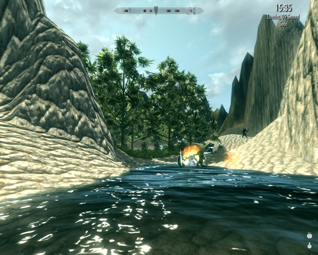 narrow body of dark blue water, high sandy banks, many people fighting in the distance
